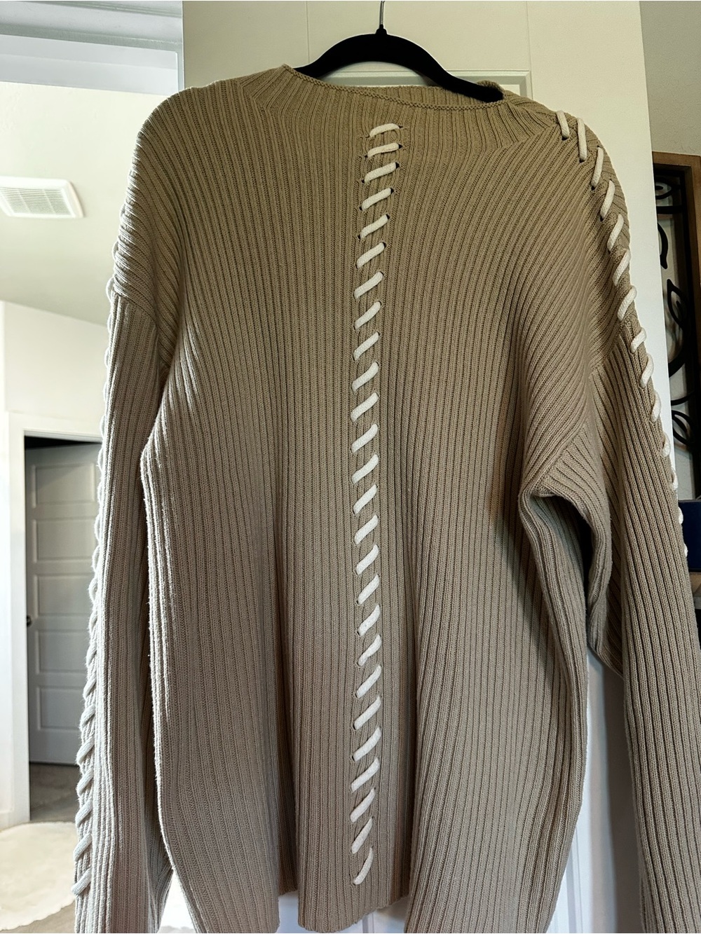 Eloquii Taupe Ribbed Crewneck Sweater with White Lace-Up Detail